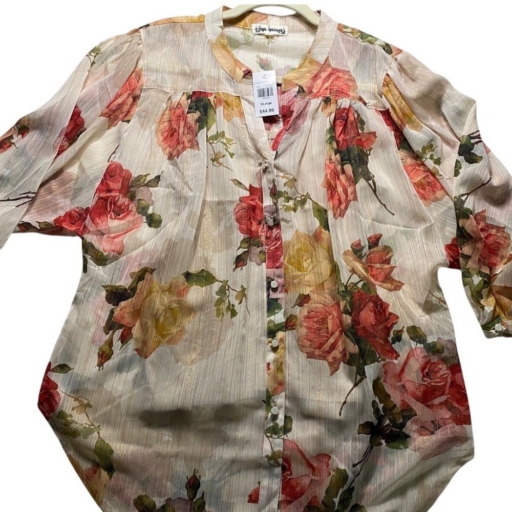 Hope‎ Springs Rose Floral Blouse Metallic Stripe Button Front XL NWT